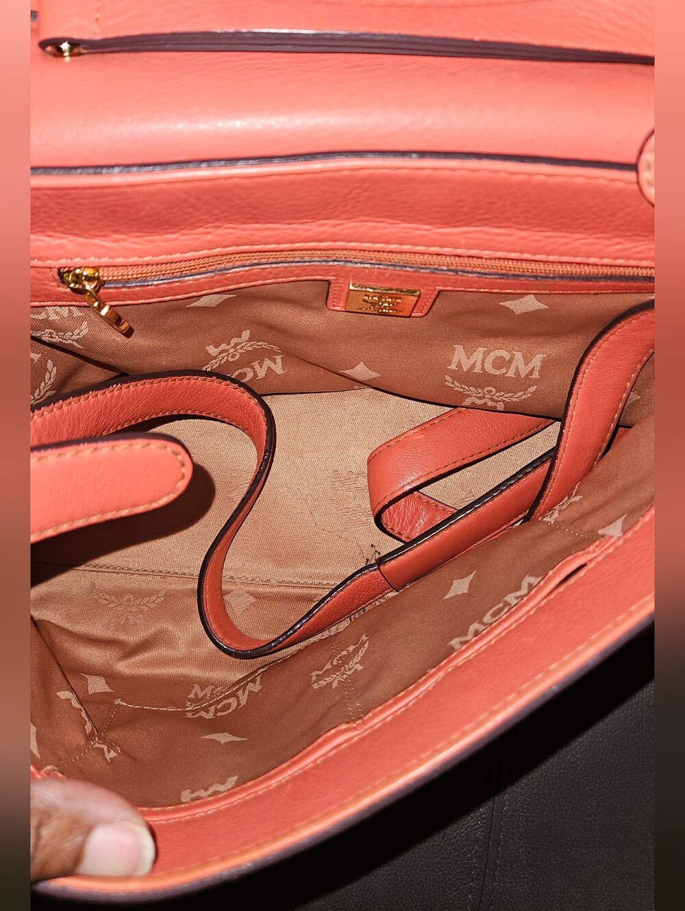 MCM Coral Orange Leather Top-Handle Satchel with Strap - Picture 3 of 7